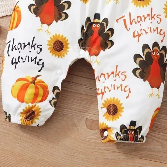 Size 3-6 months, girls Thanksgiving jumpsuit, turkey & pumpkin, baby Fall outfit - Picture 5 of 6